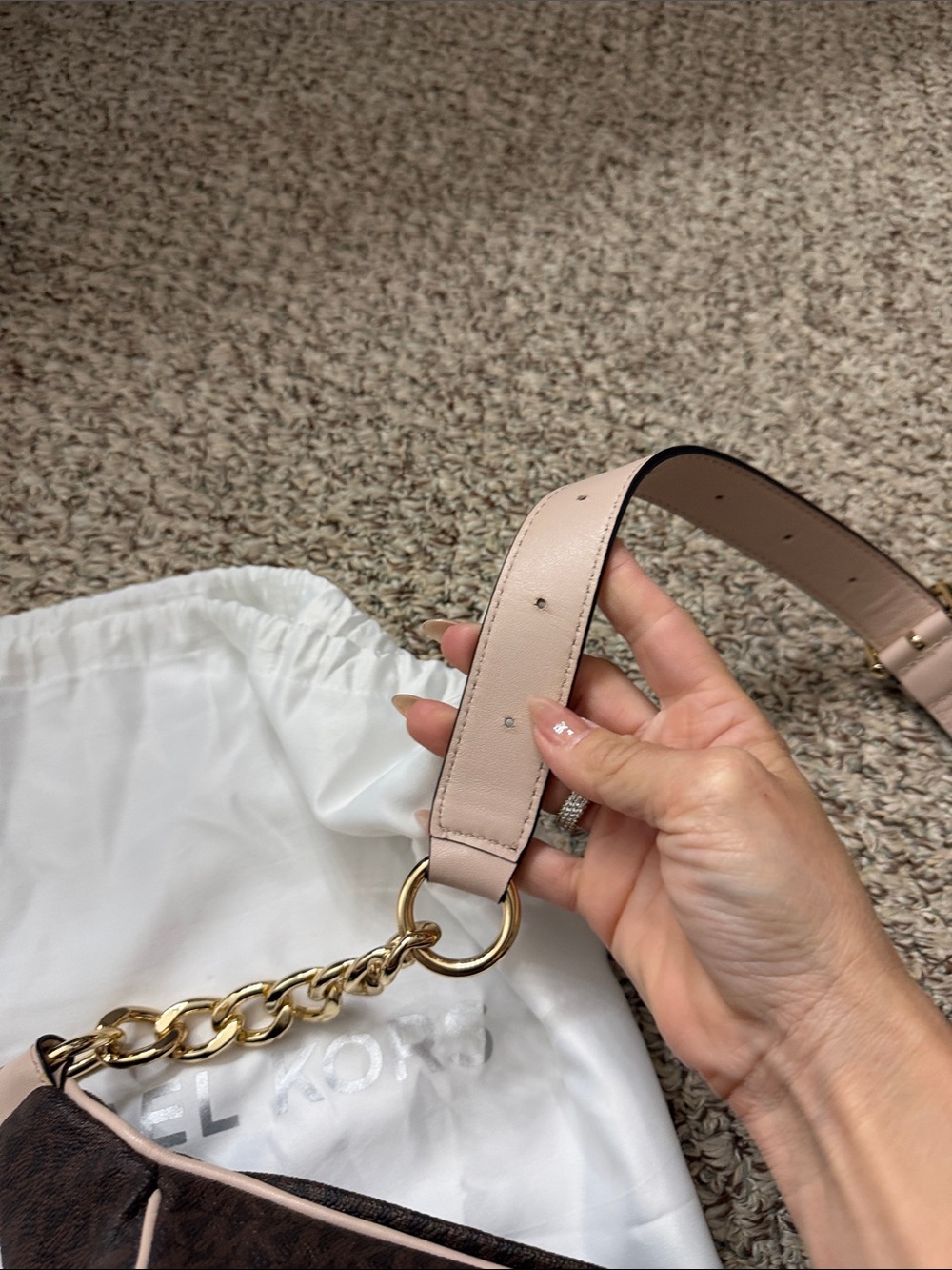 Michael Kors Brown Monogram Crossbody Belt Bag with Gold Hardware and pink Trim - Picture 6 of 9